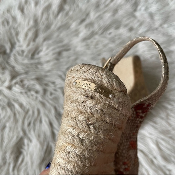 JIMMY CHOO Calfskin Snake Print Embossed Polar Beige Espadrille Sandal Wedges 37 - Picture 4 of 11
